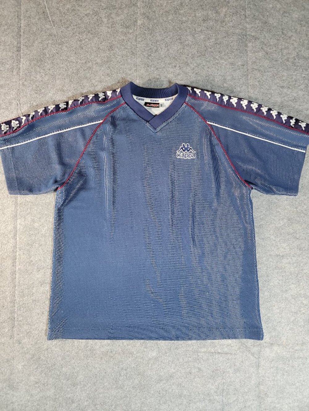 Vintage Y2K Kappa Tape Sleeve Mesh V-Neck Jersey Shirt Navy Blue Size Medium